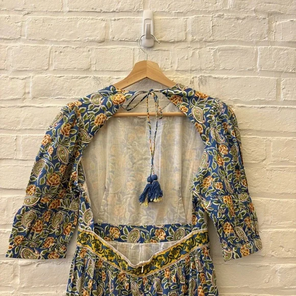 Madison Mathews || Perrin Maxi Dress Open Bsck Block Print Floral Tassels Blue S - Picture 5 of 12